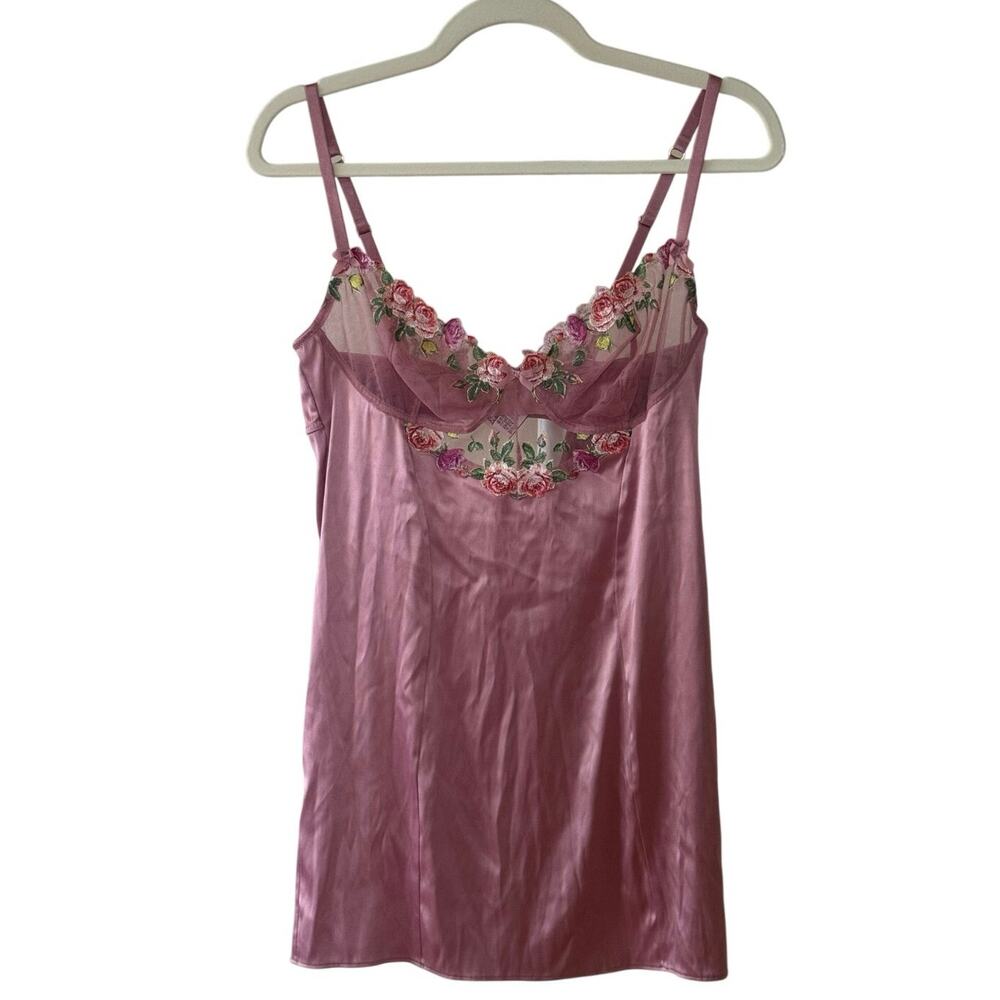 Victoria Secret Pink Floral Embroidered Mesh Bust Sateen Slip Top - L